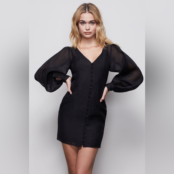 Good American Organza Sheer Button Up Puff Sleeve Mini Dress Black Size 0 - Picture 1 of 12